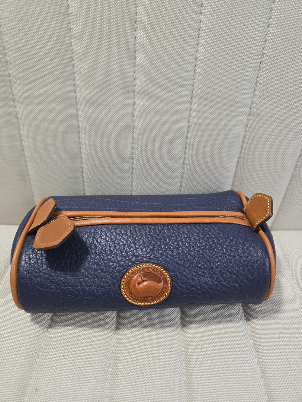 Vintage Dooney & Bourke Navy Barrel Cosmetic Pouch with Tan Trim